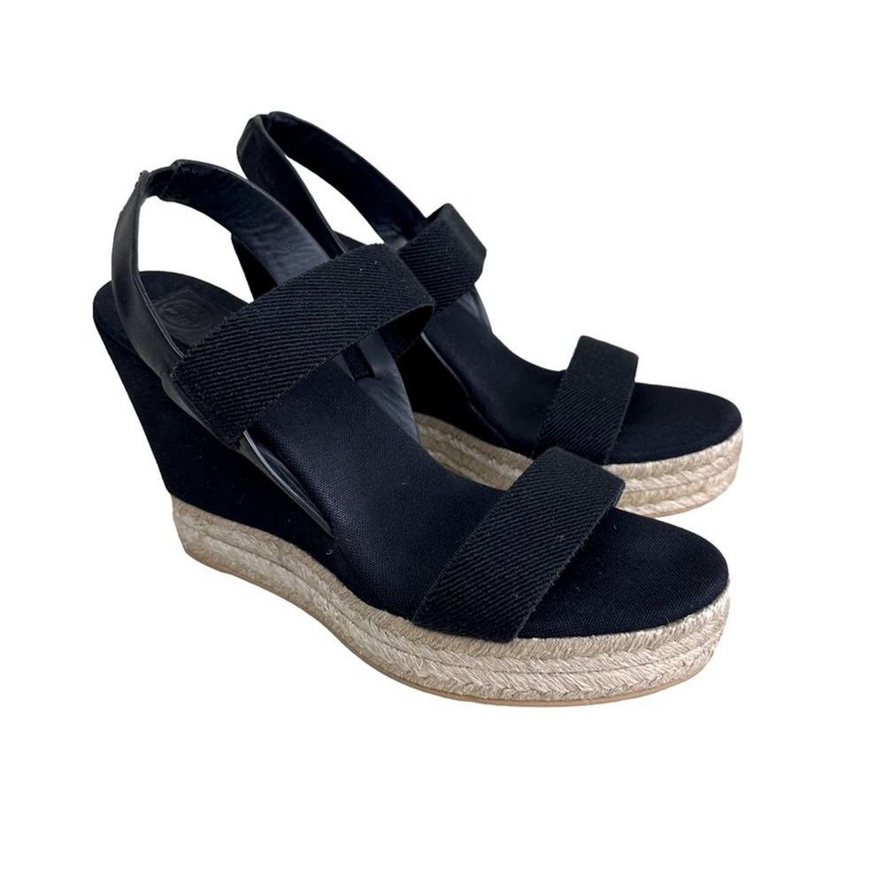 TORY BURCH Black Two Band Canvas Wedge Sandals Size 9.5